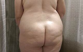The camera in the shower is watching a curvy MILF Mature bbw washes fat ass big boobs hairy pussy PAWG Amateur fetish BBW